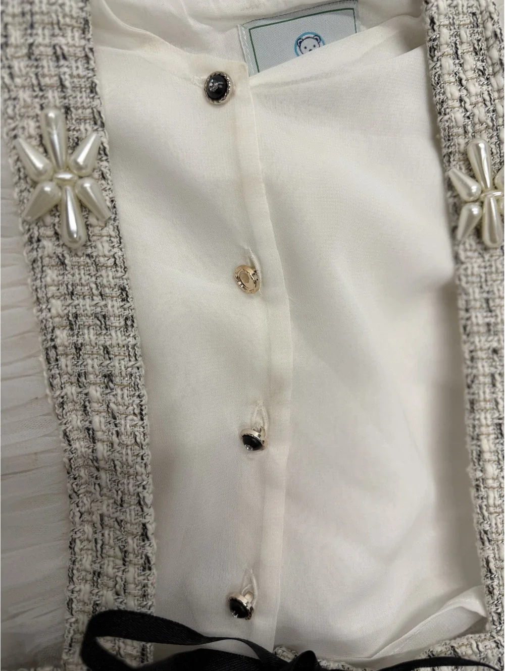 Petite Maison Kids White Tulle and Tweed Dress with Pearl Details and Black Bow